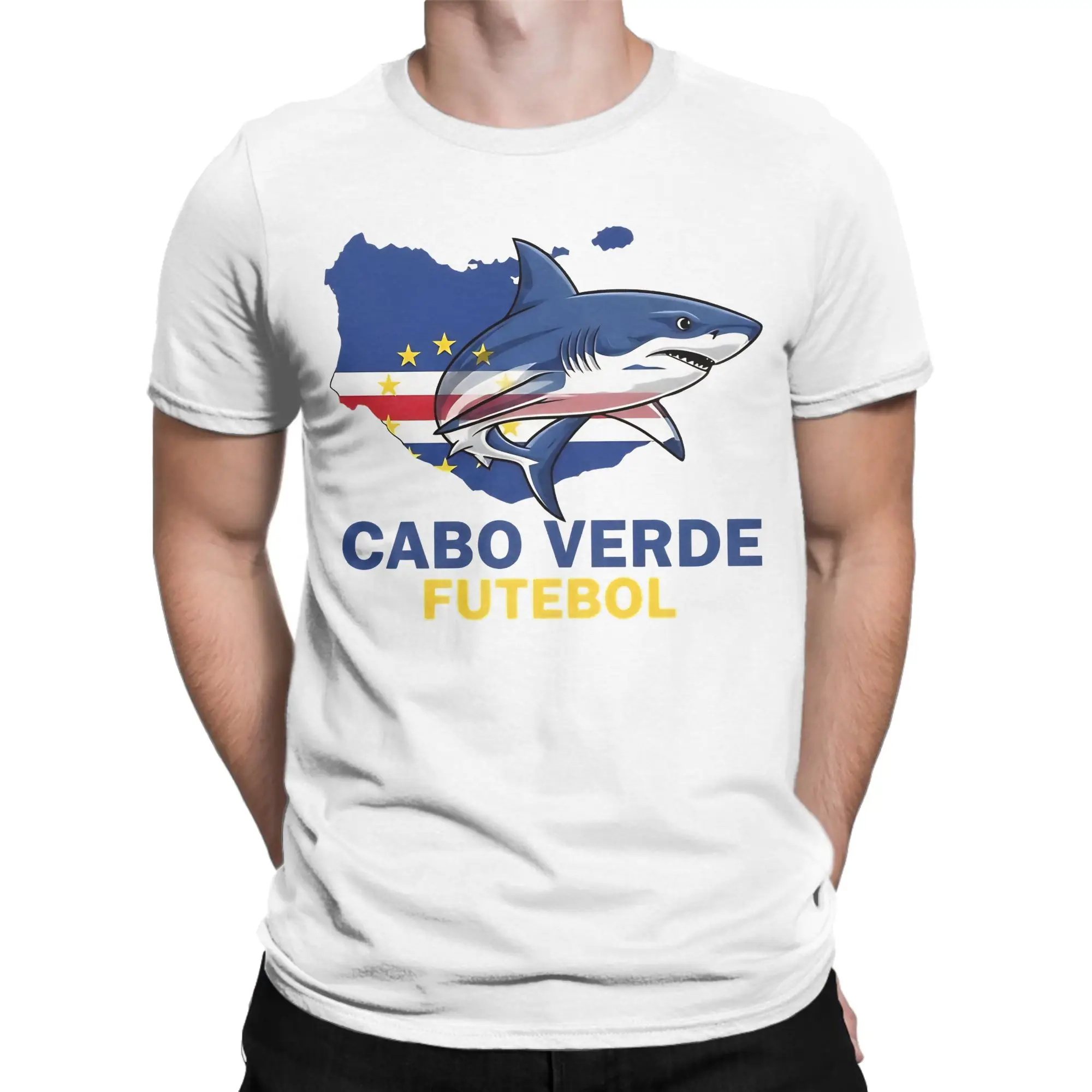 Kawaii Cape Verde Cabo Verde Soccer Blue Shark  T-Shirt Men's Crewneck Short Sleeve Tops  100%Cotton Summer Clothes