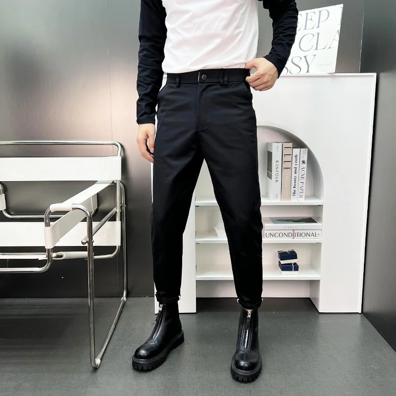 Cool Men's Black Casual Pants Autumn Fashionable Slim Fit Nine Point Long Trousers Trendy Versatile Korean Style Loose Legs