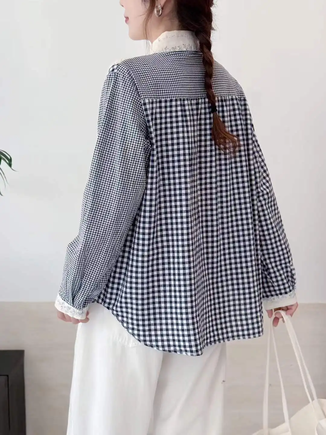 New 2025 Winter Cotton Long Sleeve Shirt, Women Lapel Woollen Patchwork, Mori Girl French Plaid Casual Loose Blouse T5N819CC