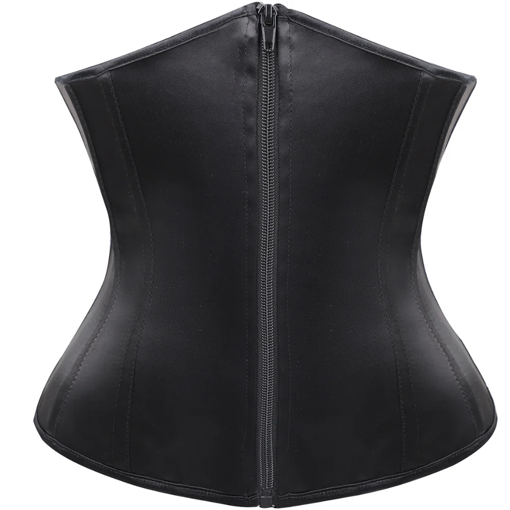 Womens Black Satin Underbust Corset Side Zipper Back Lace Up Waist Cincher Slim Body Shaper For Daily Party