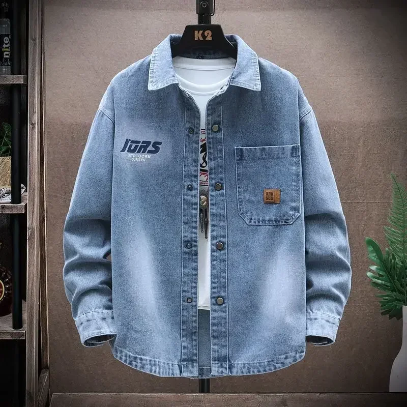 Male Jean Coats with Print Black Men's Denim Jacket Shirt Trendy Cowboy Designer Aesthetic Winter 2024 Menswear Casual Lxury G