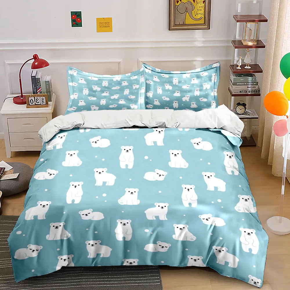 White Polar Bears on Blue Background Print Bedding Set 1 Duvet Cover 2 Pillowcases for Adult and Children Luxury Gift Full Size