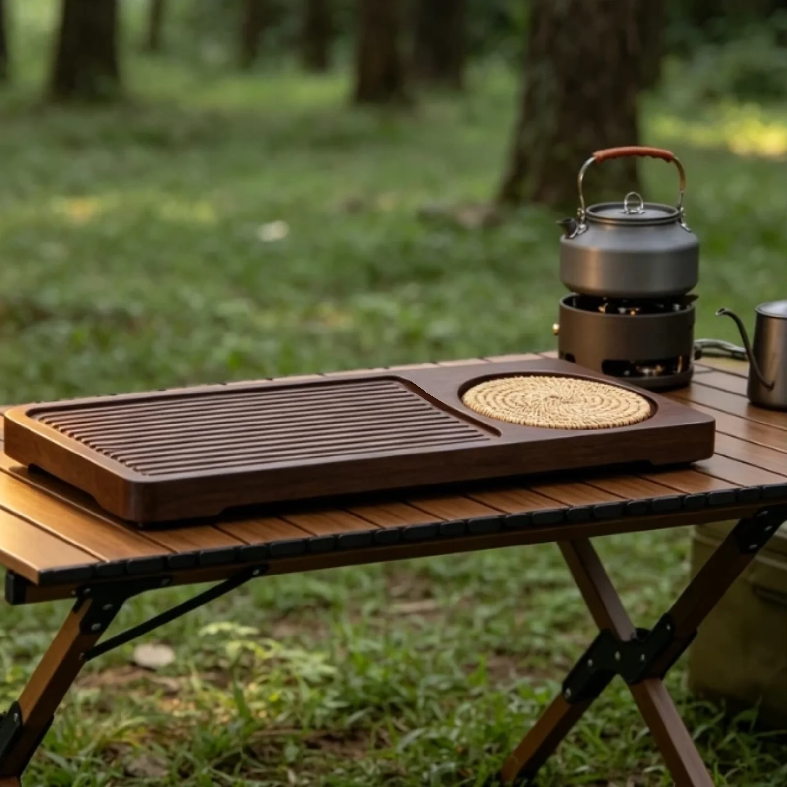 Dry Brew Bamboo Tea Tray with Rattan Mat Rectangle Portable Tea Serving Plate Household & Hotel Tea Accessory for Kung Fu