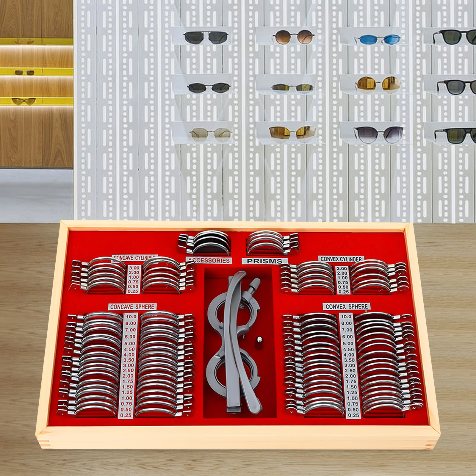 Image of 104-teiliges Metall-Probelinsenset mit Glasoptik, Optometrie-Linsenset mit Tragetasche für Sehtests
