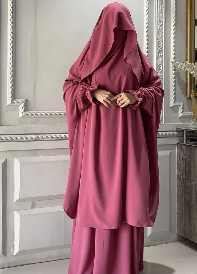

Ramadan Abaya Khimar Skirt Set 2 Piece Balloon Sleeve Muslim Dress Women Dubai Eid Prayer Jalabiya Islamic Clothing Kebaya Robe