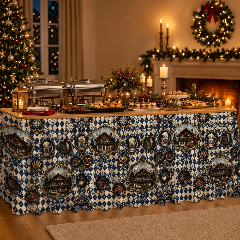 Beer Bubble Diamond Alpine Cottage Offset Cameo Plaid Oktoberfest Table Skirt