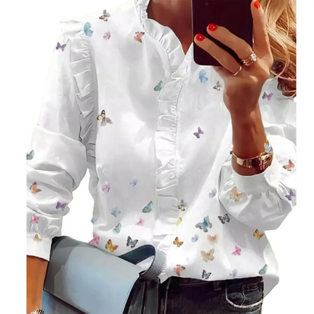 

Lady Commute Top Vintage Flower Print Stand Collar V Neck Women's Spring Shirt Loose Ol Style Commute Top with Soft Breathable