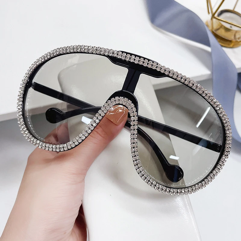 Oversized One-Pieces Diamond Yellow Sunglasses Luxury Designer Women Shades Sun Glasses For Summer Beach Lentes de sol mujer image 3