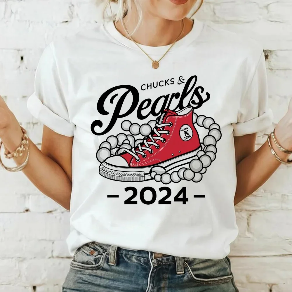 

Женская Винтажная футболка с круглым вырезом и жемчугом