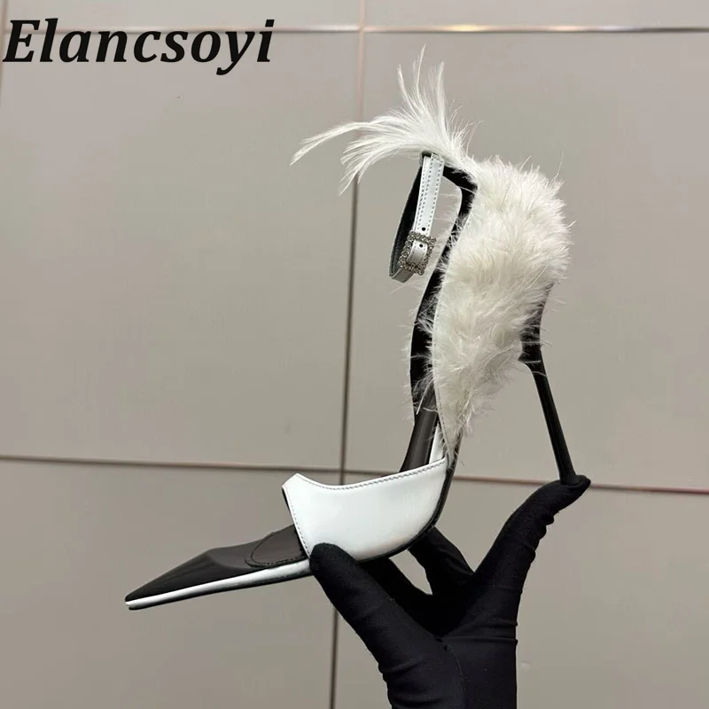 Zapatos de tacón alto con adornos de plumas para mujer, sandalias puntiagudas con correa en el tobillo y diamantes de imitación, adecuadas para fiestas nocturnas y bailes.