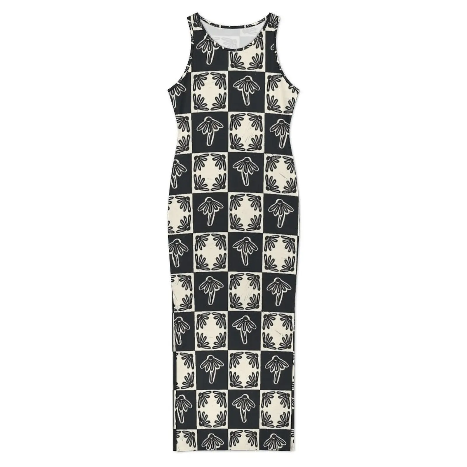 Female Black And White Check Print Dress Daisy Block Streetwear Bodycon Dress Summer Slim Sexy Maxi Dresses Oversize Clothing
