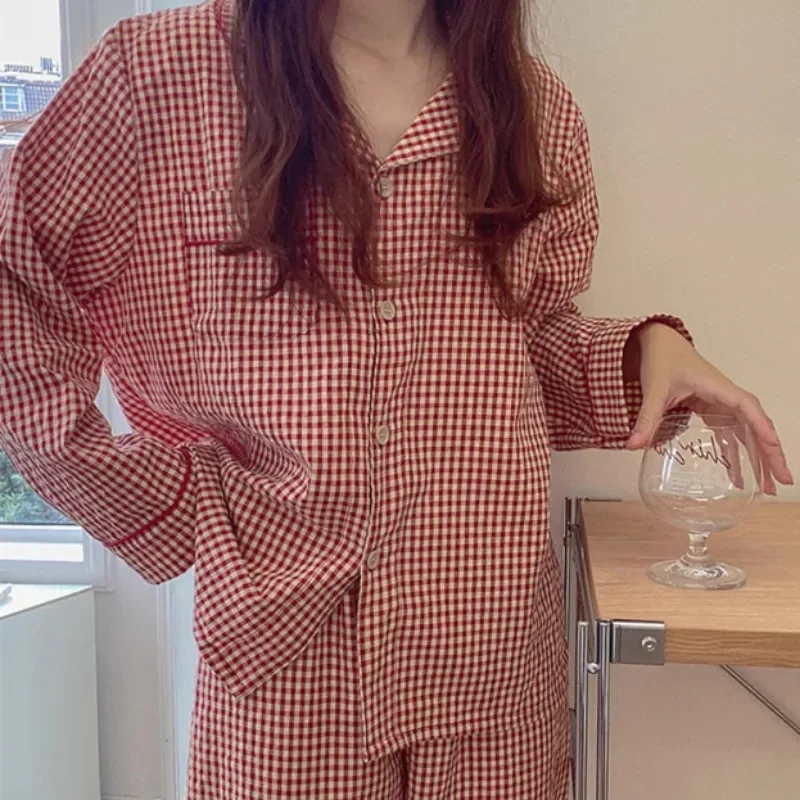 Red Plaid Pajama Sets Women Autumn Home Casual Baggy Sleepwear Vintage Classic Korean Style Pockets Lounge Wear Mujer All-match