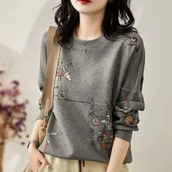 Women Korean Fashion Funny Embroidery Cotton Sweatshirt Simple Casual Chic Hoodie Female O Neck Long Sleeve Loose Pullover Tops