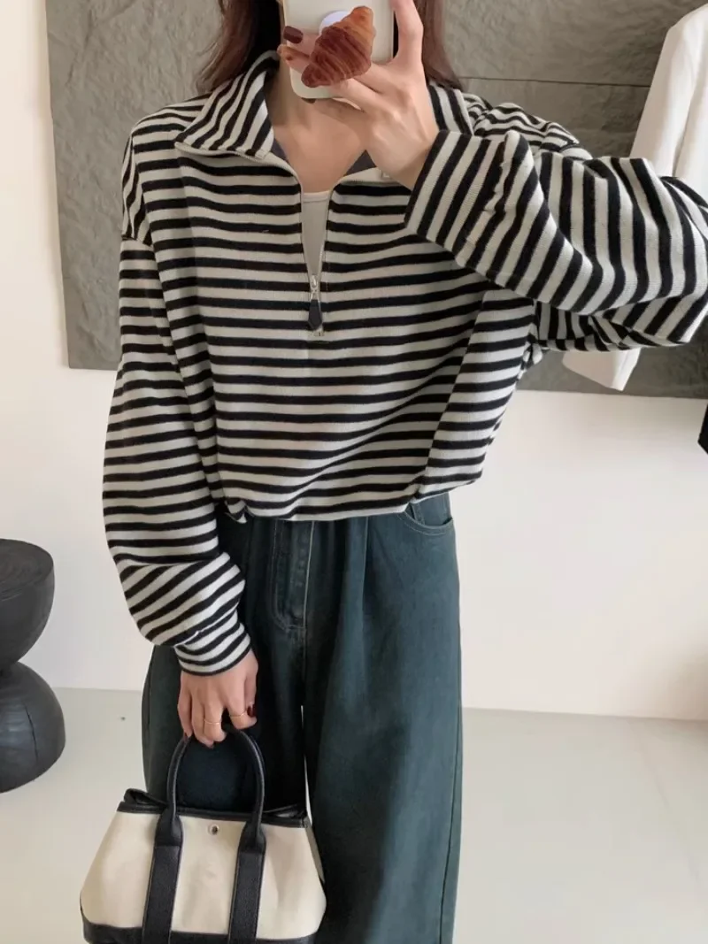 

Sweet Hot Girl Royal Blue Half Zipper Hoodie Women's Autumn and Winter Turn-down Collar Striped Pullover Fashion Female Clothes