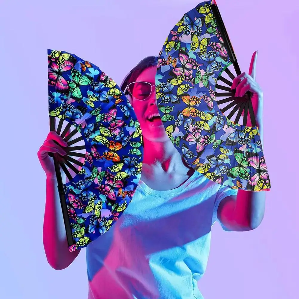 Bamboo Bone Folding Portable Butterfly Fluorescent Fan Fluorescent Ink Printing Oncloth For Party Evening Occasion Stage Da G5J0