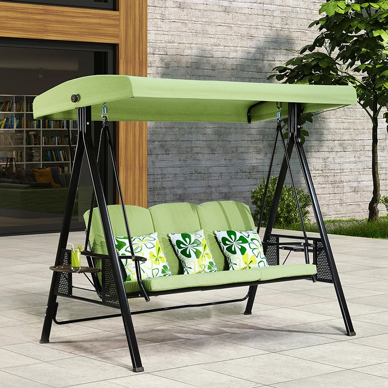 Modern Outdoor Steel Swing Chair in Grass Green and Sky Blue 3-Person Garden Patio Swings with Sunshade Rattan Material