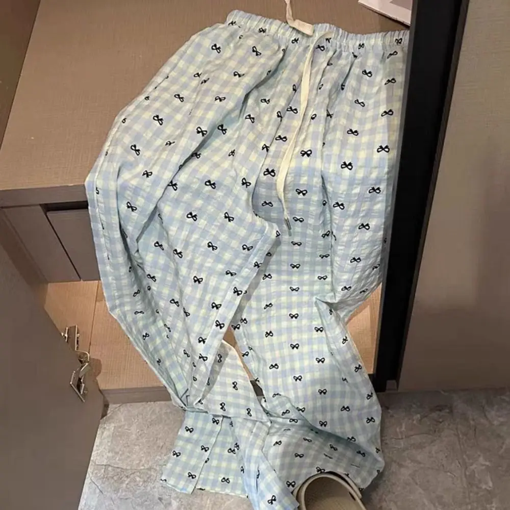 مريحة شريط منقوشة Bowknot بيجامة السراويل الحلو رقيقة شبكة السراويل الطويلة القوس Homewear بناطيل كاجوال ملابس خاصة