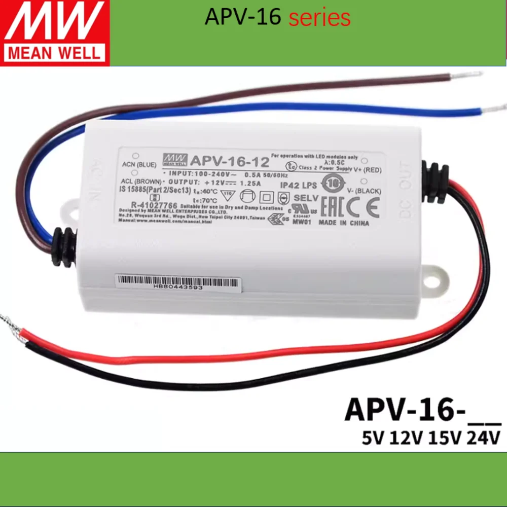 MEAN WELL APV-16 APV-16-5 APV-16-12 APV-16-15 APV-16-24 Single Output Switching Power Supply APV-16 5V 12V 15V 24V