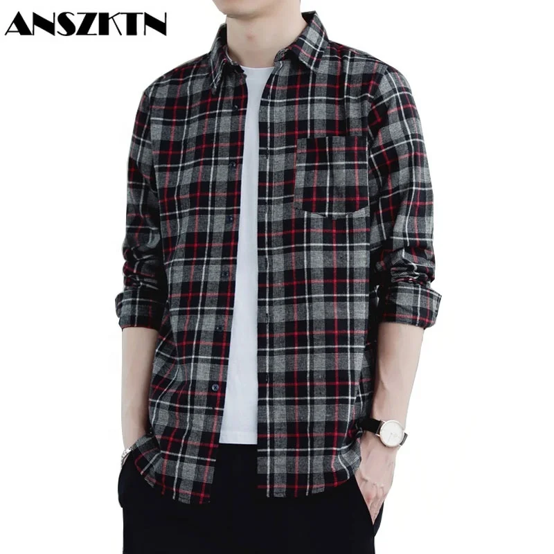 ANSZKTN Vintage Plaid Shirt Casual Spring Mens Shirts Turn-Down Collar M-3XL Men Long Sleeve Shirts