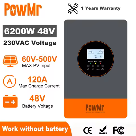 PowMr 6.2KW Hybrid Solar Inverter 48V 220V Off grid Inverter With MPPT 120A Charger Work Without Battery Parallel Up to 9 Units