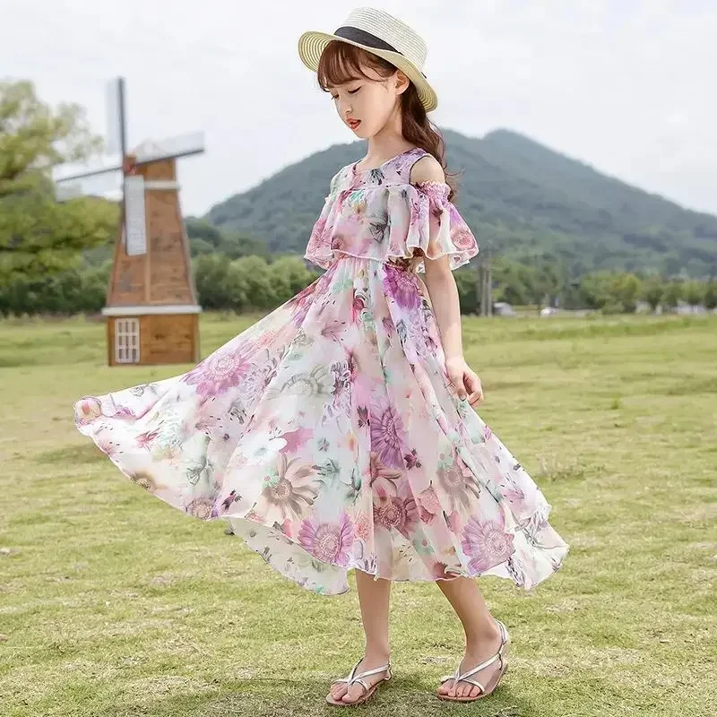 Bohemian Summer Girls Dress Kids Girl Beach Dresses Chiffon Kids Dresses Floral Teenage Girls Summer Clothes 6 8 10 12 14 Year