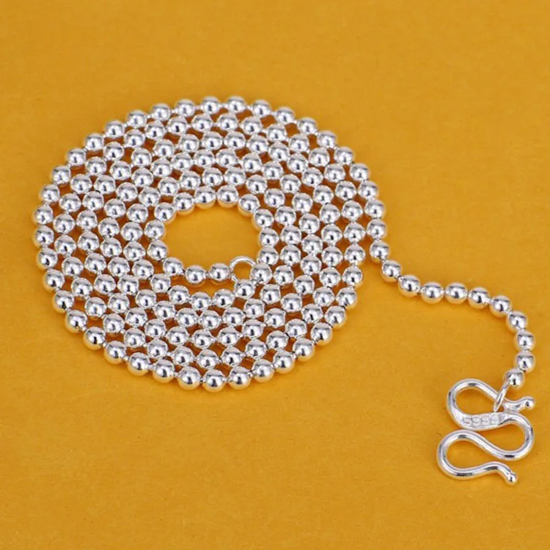 Pure 990 Silver Necklace For Women Men 2mm Small Beaded Link Sweater Chain 40-80cm Length