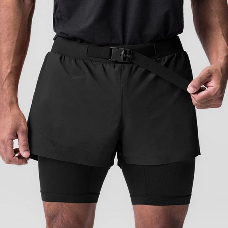 Gym New Quick Dry Casual Sports Bodybuilding Shorts Men\'s Quarter Pants 2 in 1 Double-layer Running Fitness Jogging Trousers