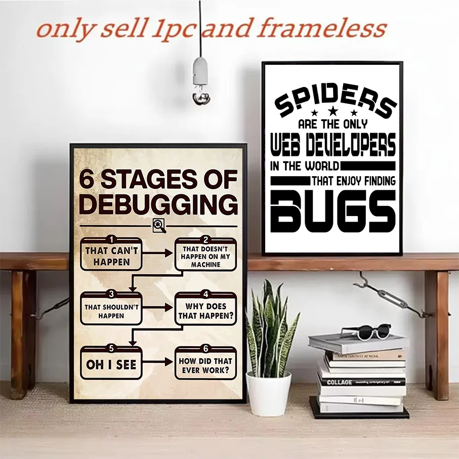 Frameless Canvas Print Funny Web Developer Wall Art 6 Stages Debugging Spiders Bugs Quote Office Decor Picture