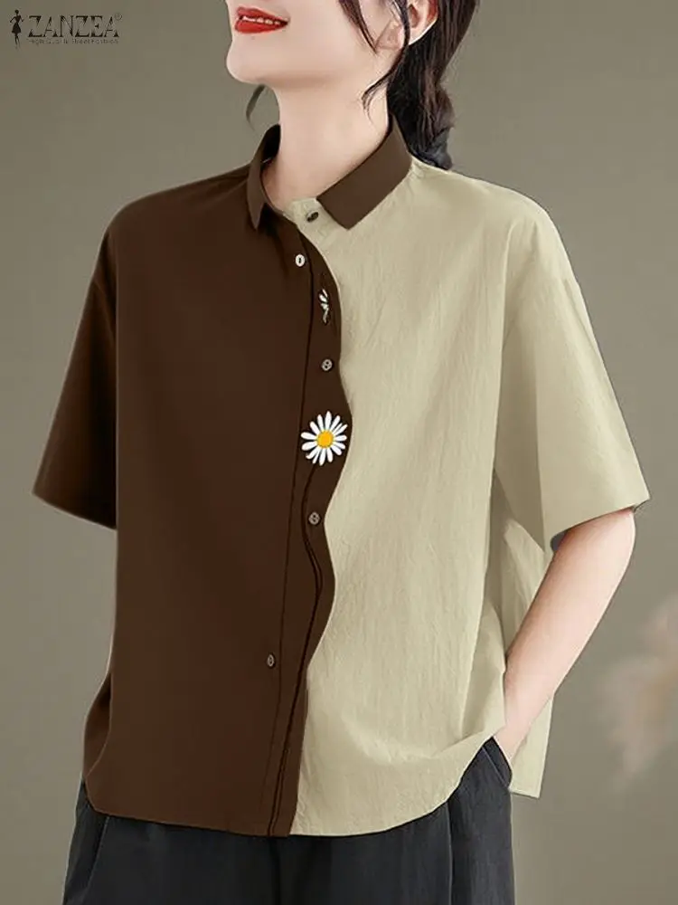 

ZANZEA, корейские модные женские рубашки с волнистым принтом, лето 2022, топы с отложным воротником и короткими рукавами с цветочным принтом, цветные блоки, 3XL