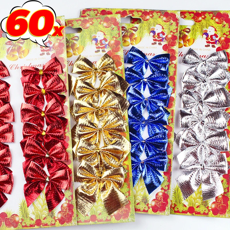 12/60pcs Sparkling Christmas Bow Ornaments Xmas Tree Hanging Pendant Mini Bowknot DIY Craft New Year Home Party Decoration Gifts