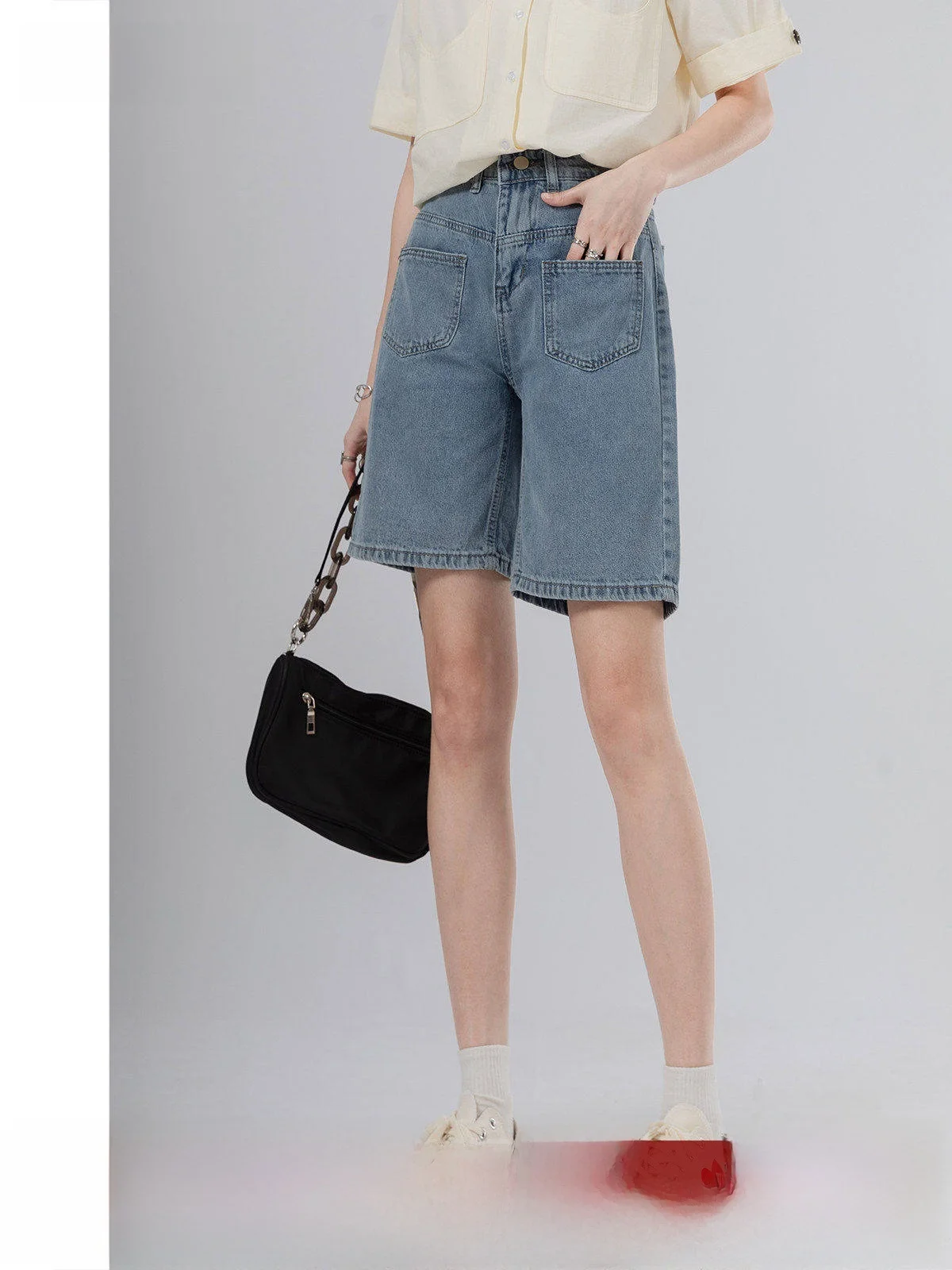 

High Waist Straight Leg Denim orts Women's Summer New ket Design Jeans Five Parts Commute Sle Deep Color Stretch Fabric