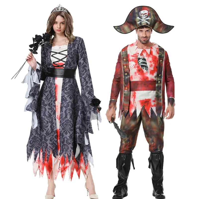 

Pirate Captain Costume for Adult Women Men Vampire Witch Cosplay Uniform Halloween Carnival Party Dress With Hat