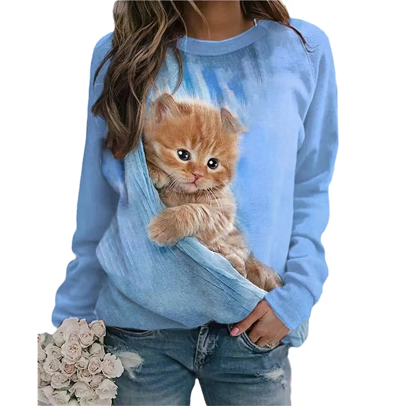 

Cute Cat Sweatshirts Animal 3D Print Hoodies Women Fashion O-Neck Long Sleeve Y2k Hoodie Oversized Pullovers Top Female Clothing