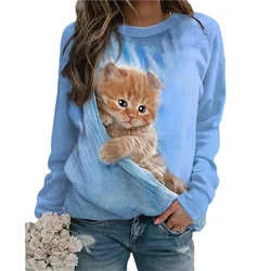 Cute Cat Sweatshirts Animal 3D Print Hoodies Women Fashion O-Neck Long Sleeve Y2k Hoodie Oversized Pullovers Top Female Clothing