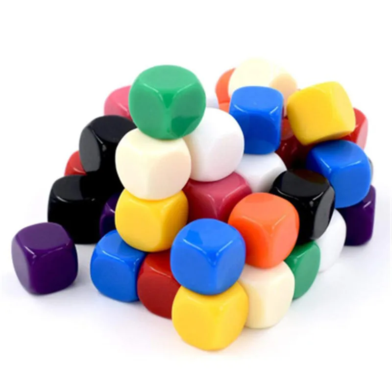 Dados acrílicos vazios 50 peças, cubos de 16mm-10 cores matriz de 6 lados com bolsa de dados para jogos de tabuleiro, diy, diversão e ensino