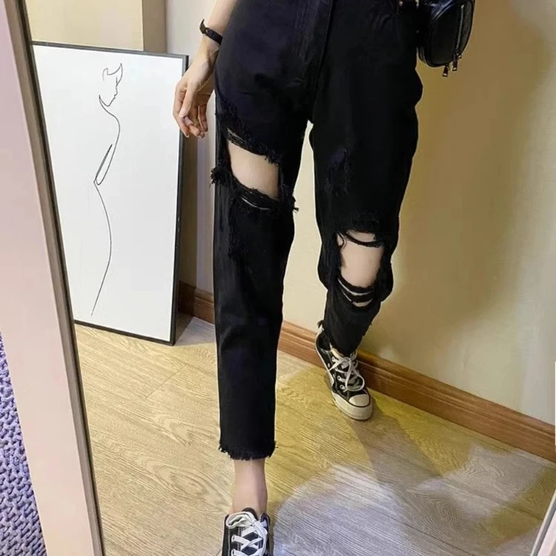 여성용 여름 데님 바지 슬림 피트 여성 청바지 한국 인기 의류 빈티지 반짝 이는 그런지 Y2k 뻗어 Emo 바지