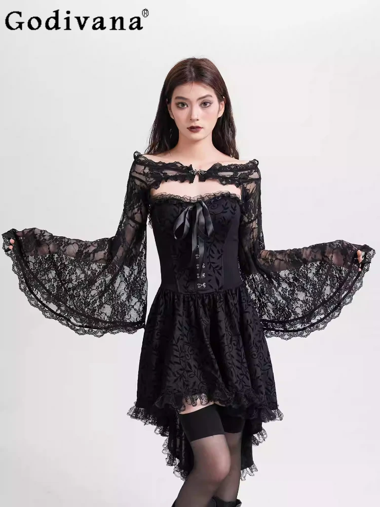 

Dark Goth Elegant Lace Sexy Slash Neck Street Long Sleeve Blouse Girl Fashion Versatile European American Halloween Short Tops