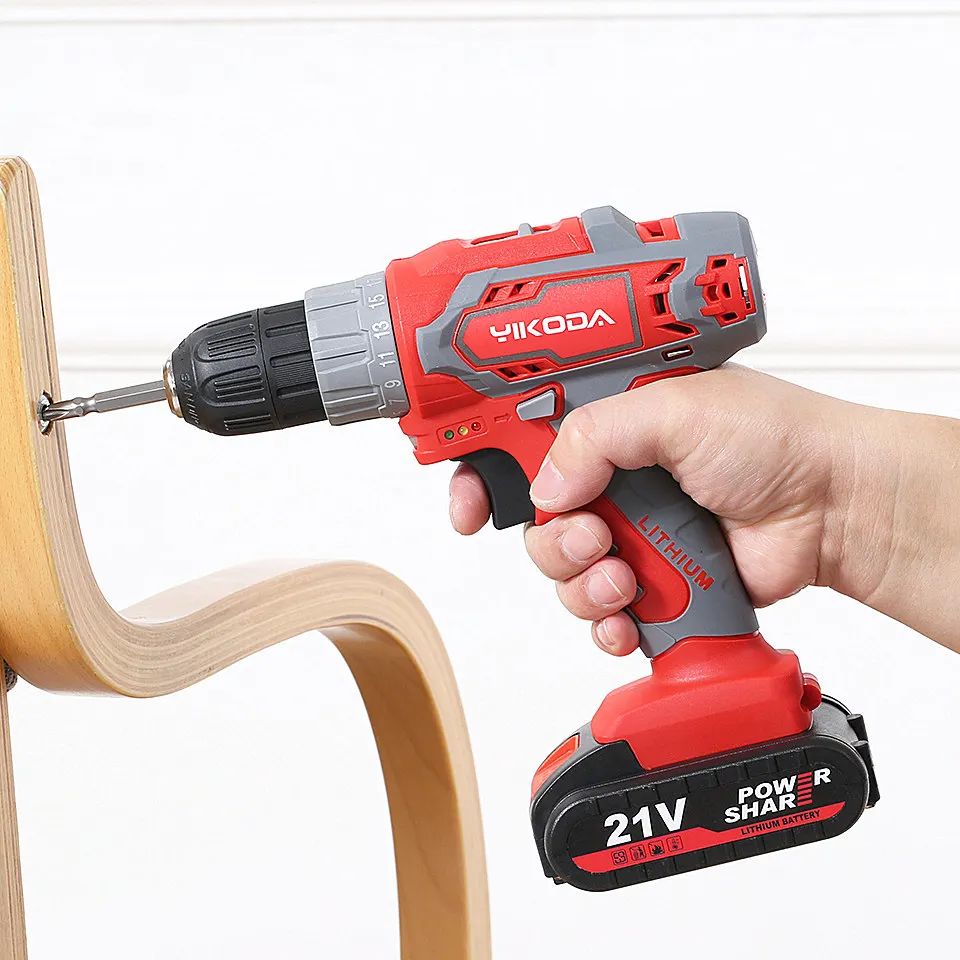 YIKODA 12V/16.8V/21V Electric Drill Rechargeable Lithium Battery Two Speed Cordless Screwdrivers Parafusadeira Power Tools