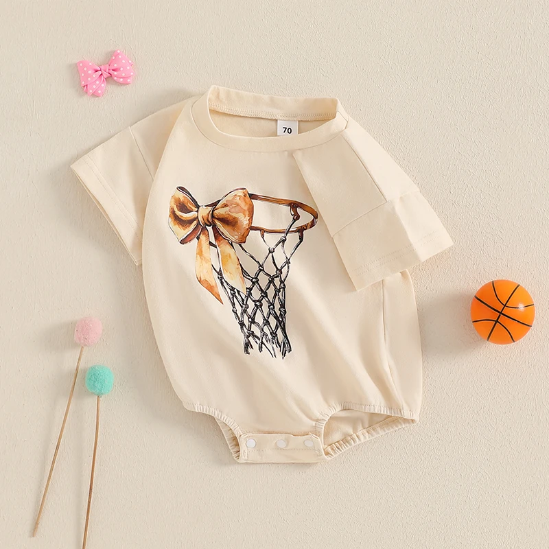 Adorable Baby Girls Rompers with Cute Bow and Basketball Hoop Print Round Neck Short Sleeve Infant Bodysuits Jumpsuits for