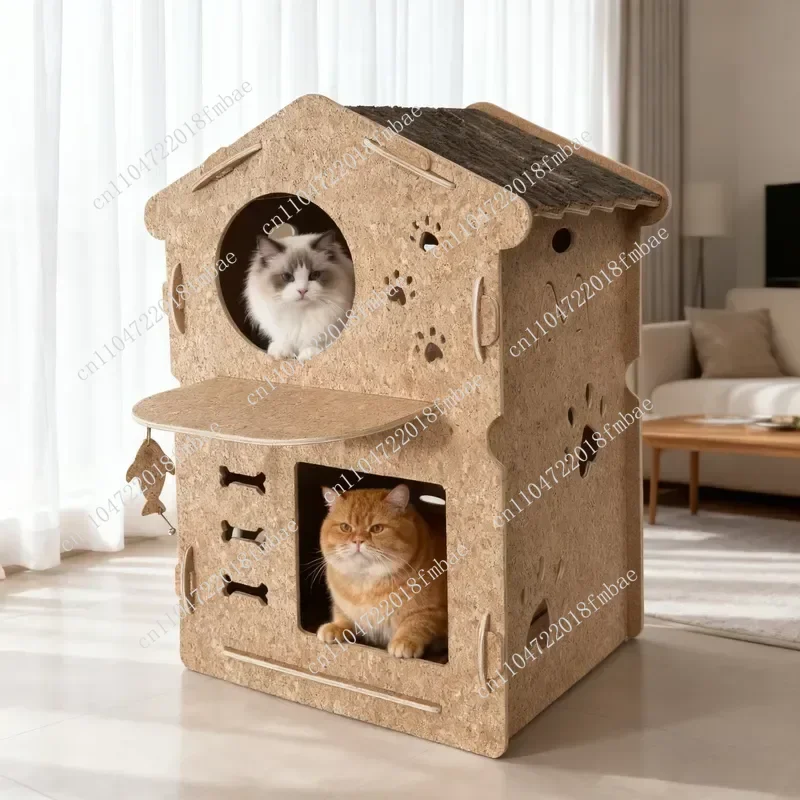 Natural Cork Classic Eco-Friendly Cat Nest with Bark Felling Design Luxury Cat House Indoor Condo Living Room Bedroom