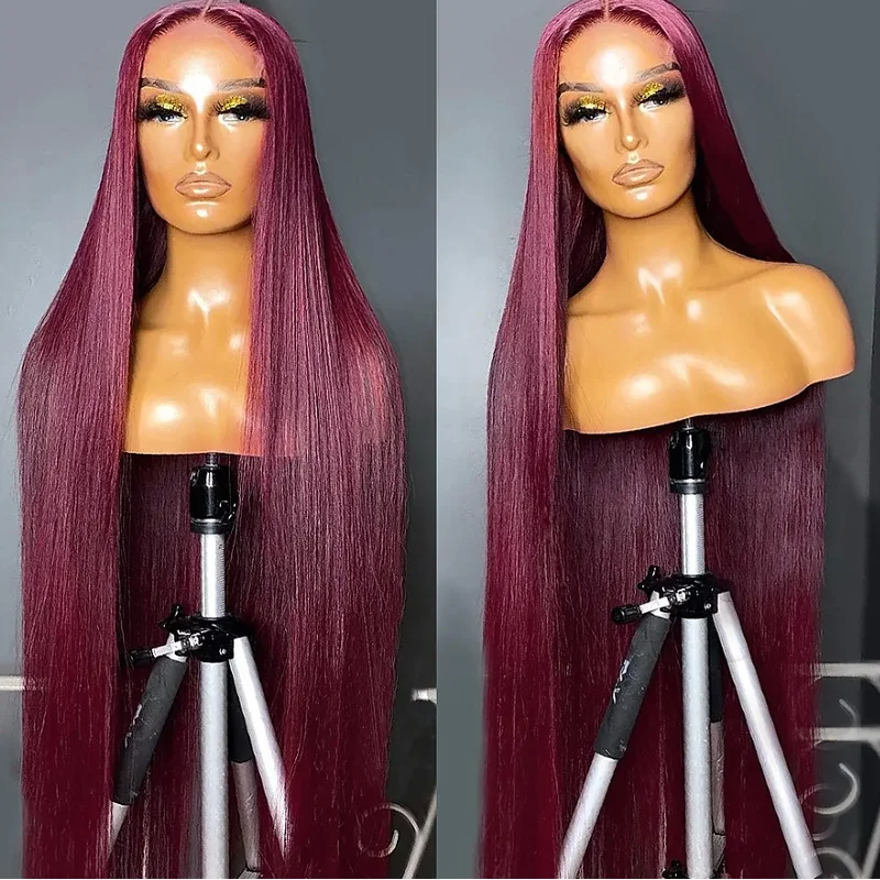 Yellow Color Long Silky Straight Preplucked Soft 26 Inch 180% Density Wine red Lace Front Wig Fiber