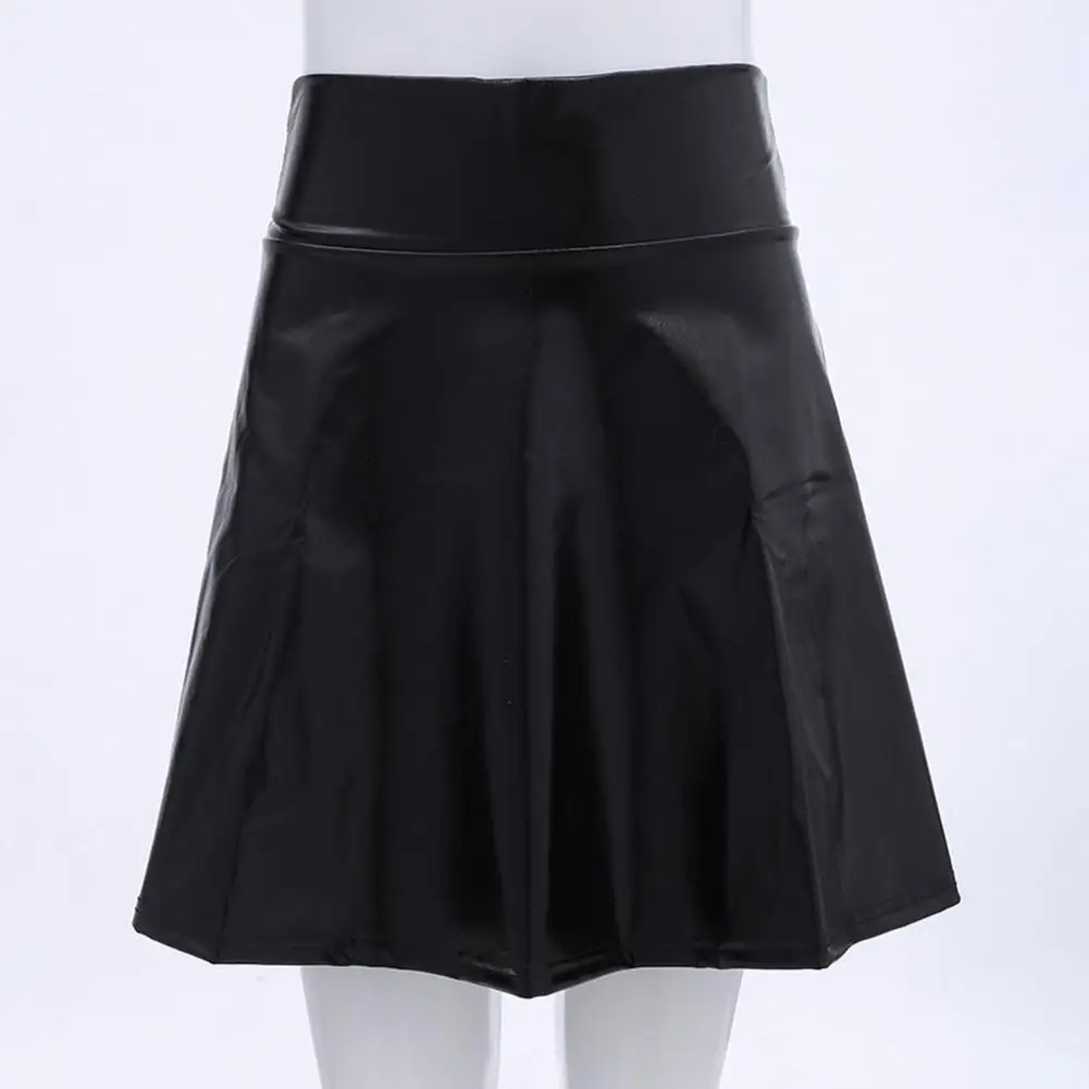 

High-waisted Skirt Women's Glossy Faux Leather A-line Mini Skirt with Elastic Waist Pleated Hem High Waist Soft Performance