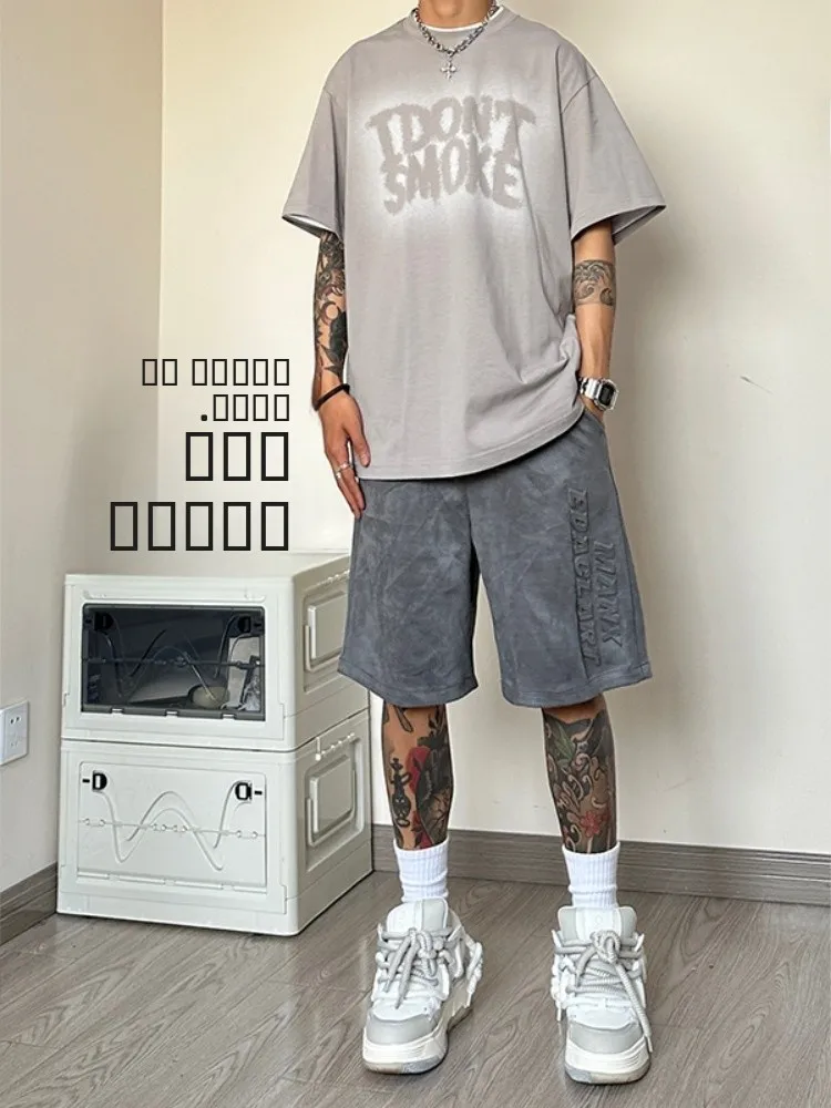 

Мужские летние тонкие спортивные брюки в американском ретро-стиле, повседневные, из плотной замши, длиной до колена, дышащие, удобные, модные