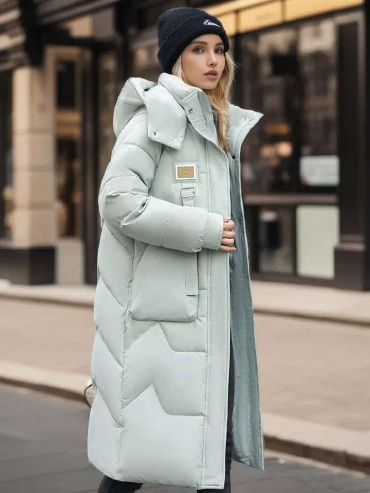 2024 Winter Kleidung Frauen Neue Abnehmbare Hut Solide Lose Mantel Frauen Zipper Mit Kapuze Über Knie Taschen Verdickt Lange Parkas