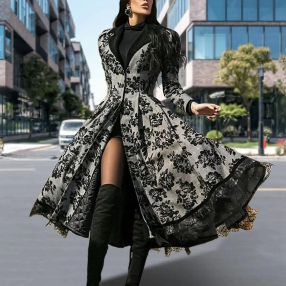 Midi Dress Skin-Touch Cardigan Dress Gothic High Waist  Chic Lace Stitching Hem Lapel Party Dress