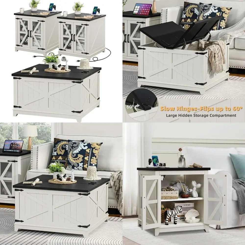 

3-Piece Farmhouse Coffee Table Set: Large End and Side Tables with Charging Station and Storage Compartment