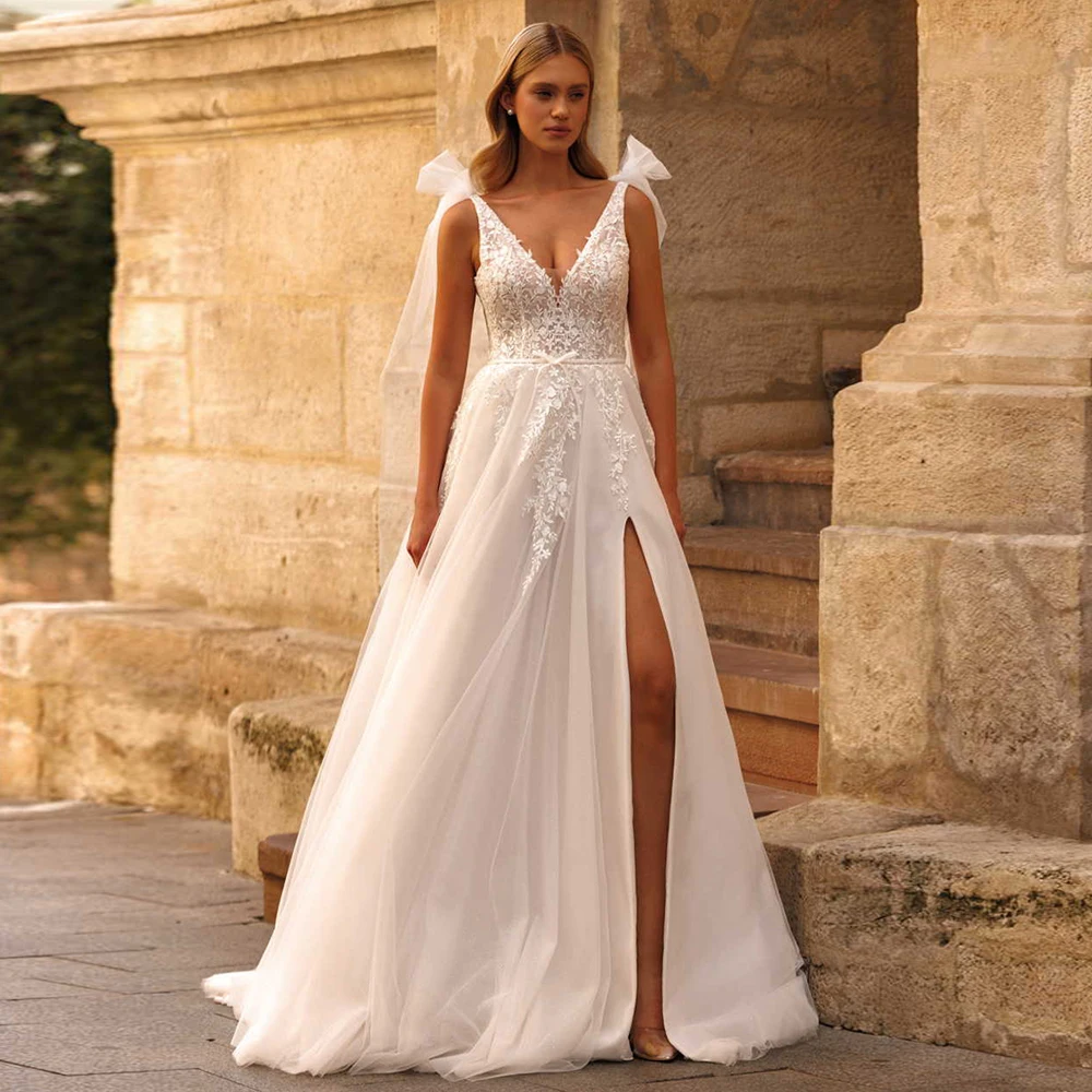 Klasyczna suknia ślubna dla kobiet, suknia ślubna na zamówienie, bez rękawów, dekolt w serek, tren zamiatający, zamek błyskawiczny z tyłu, rozcięcie, suknia dla panny młodej.