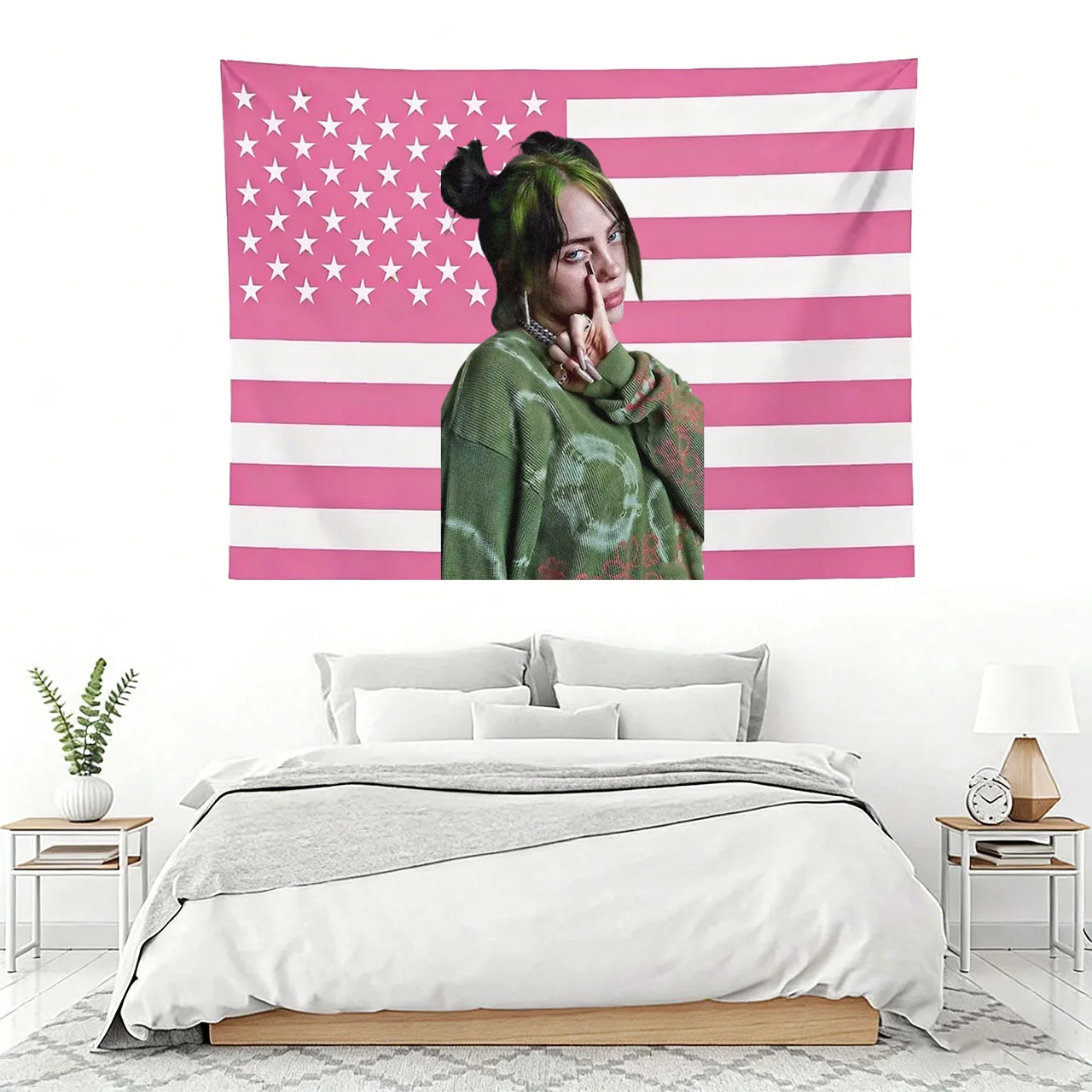 Billie Eilish Pink American Flag Tapestry, Music Star Wall Hanging Decor for Bedroom Living Room Dorm, Perfect Gift for Fans