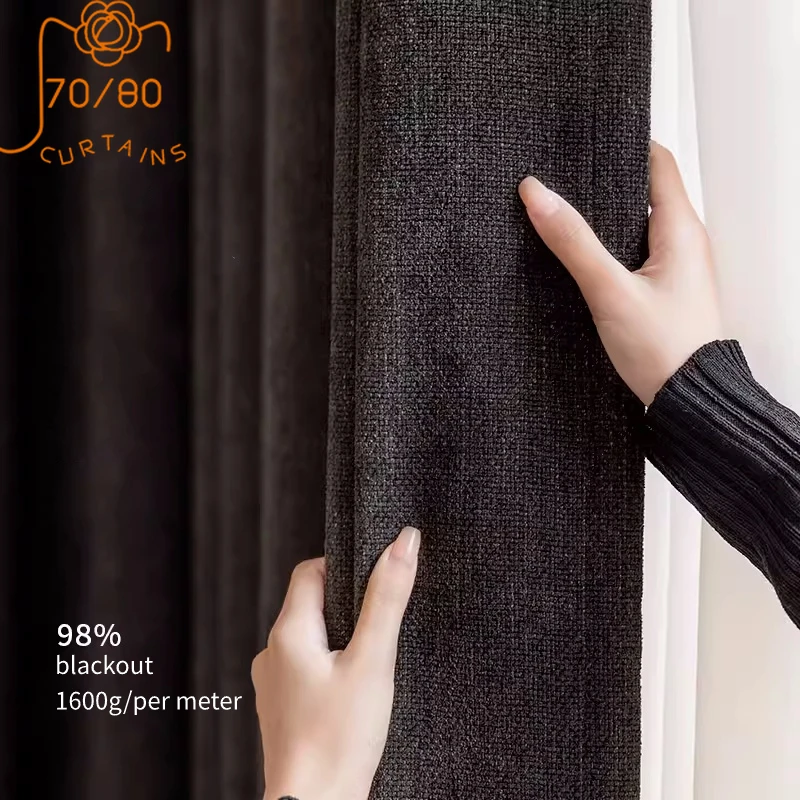 

Black Full Shading Imitation Cotton Linen Chenille Thickened Sound Insulation Curtains for Living Room Bedroom French Window