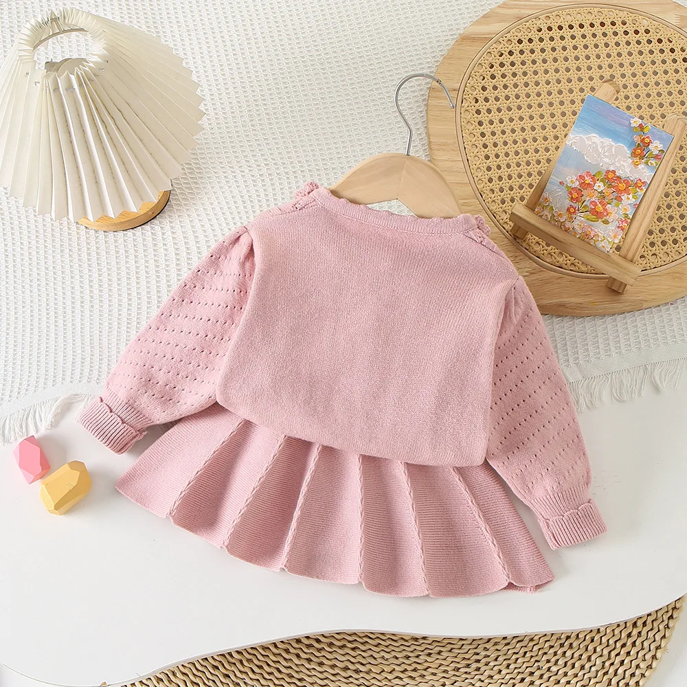 Girls Knitted Clothes Sets Spring Autumn 2024 Children Woolen Jersey Sweaters Skirts 2pcs Dress Suit For Baby Outfits Kids 5 6Y